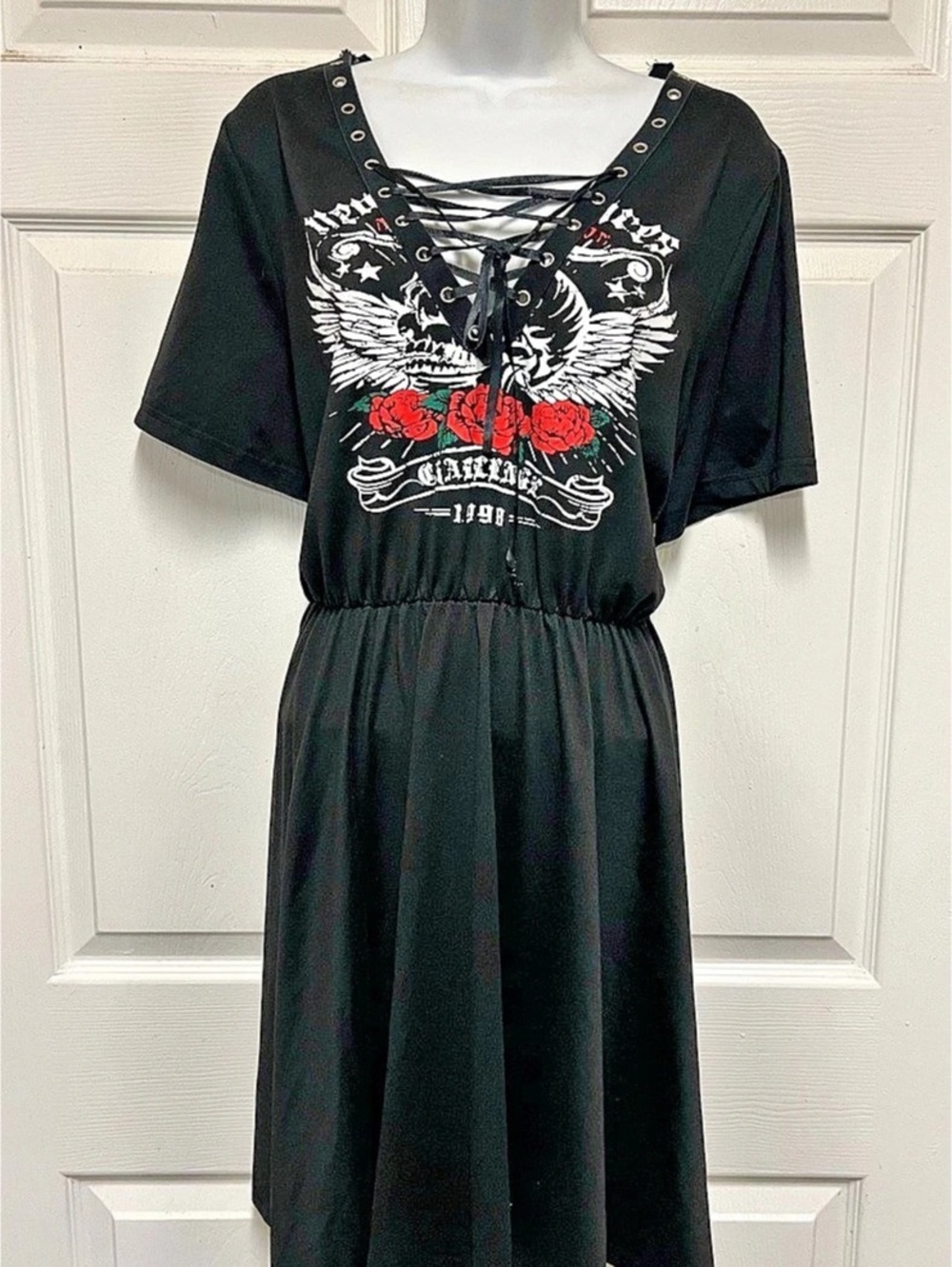 SHEIN Graphic Lace-Up Mini Dress in Black & Red Size 1XL